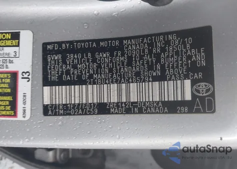 2010 Toyota Corolla S из США, поврежденный, VIN 2T1BU4EE7AC465794